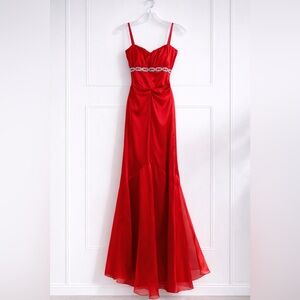 Red Satin Formal Gown with Rhinestone Waist Detail – Size 0